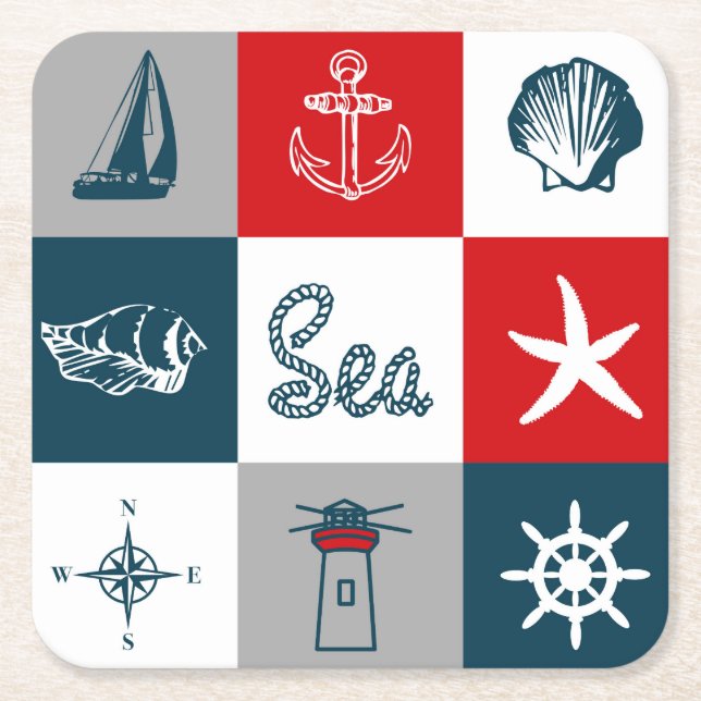 Nautical themed design square paper coaster (Front)