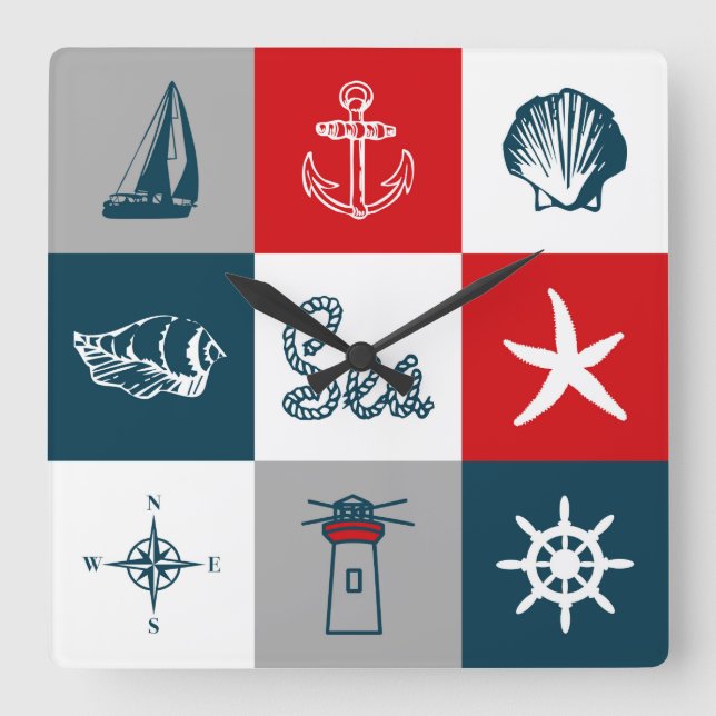 Nautical themed design square wall clock (Front)