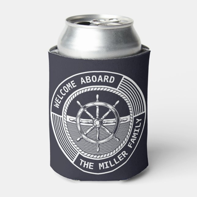 Nautical themed design with sailing wheel can cooler (Can Front)
