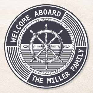 Nautical themed design with sailing wheel round paper coaster