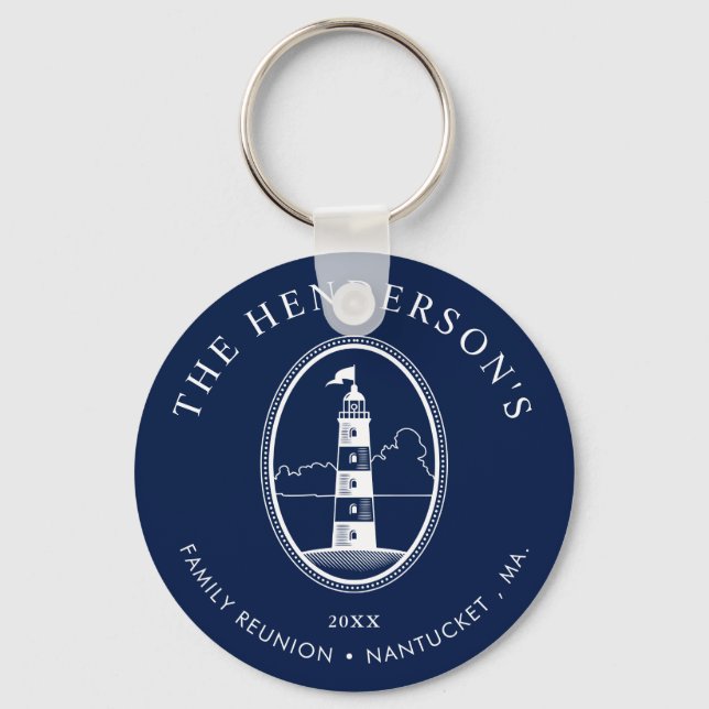 Nautical Themed Family Reunion Lighthouse Navy Key Ring (Front)