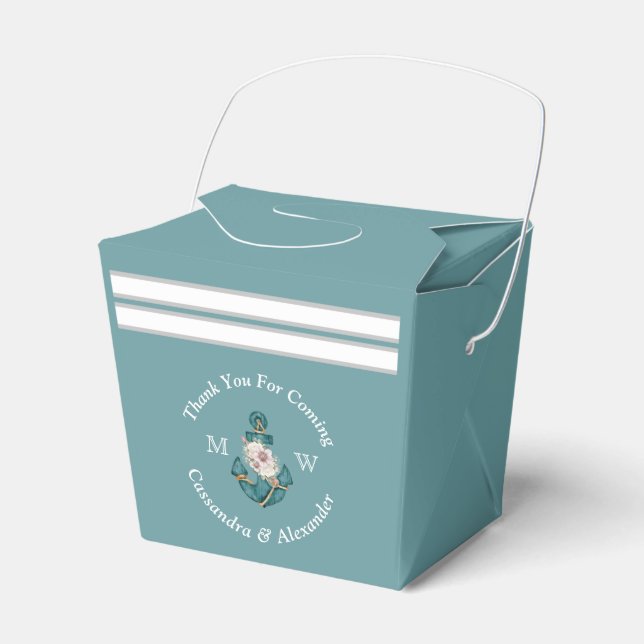 Nautical-Themed Floral Anchor White Aqua Teal Blue Favour Box (Front Side)