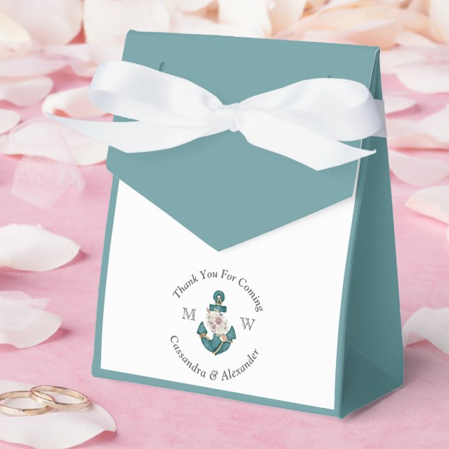 Nautical-Themed Floral Anchor White Aqua Teal Blue Favour Box (Wedding)