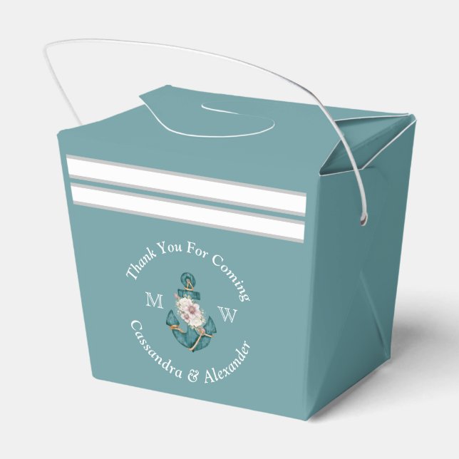 Nautical-Themed Floral Anchor White Aqua Teal Blue Favour Box (Back Side)