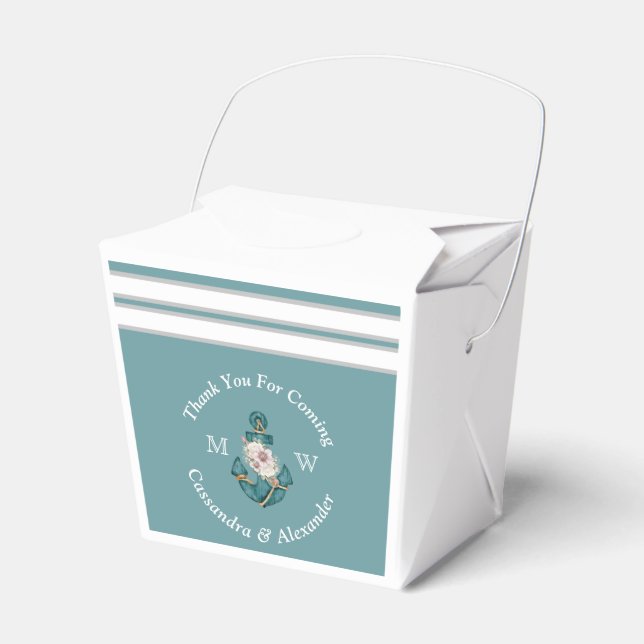 Nautical-Themed Floral Anchor White Aqua Teal Blue Favour Box (Front Side)