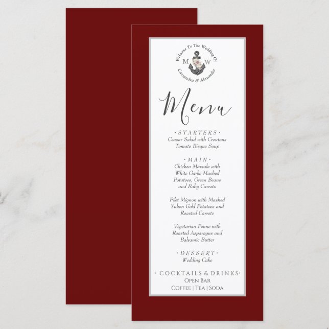  Nautical-Themed Floral Anchor White Maroon Red Menu (Front/Back)