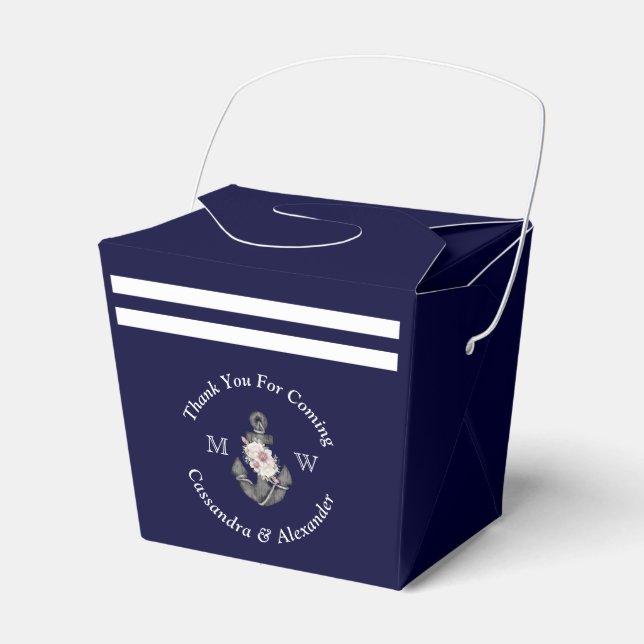 Nautical-Themed Floral Anchor White Navy Blue Favo Favour Box (Front Side)