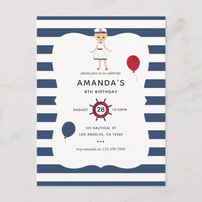 Nautical themed Girl Birthday Party Postcard (Front)