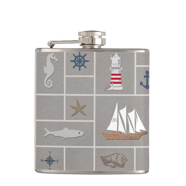 Nautical themed illustration hip flask (Front)