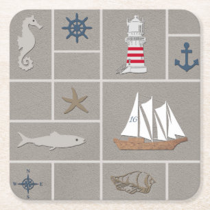 Nautical themed illustration square paper coaster