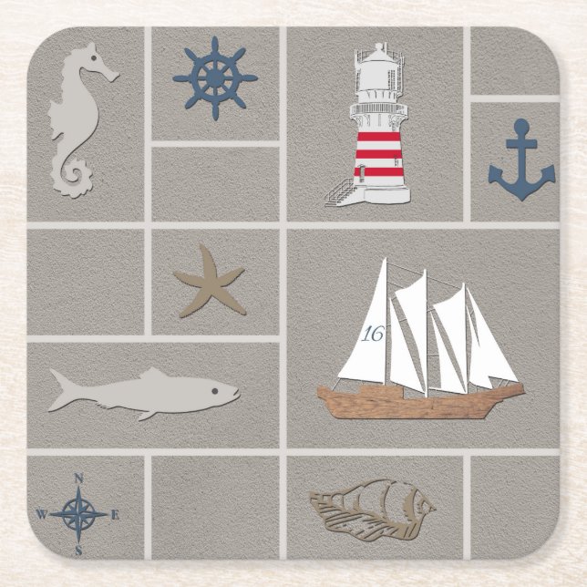 Nautical themed illustration square paper coaster (Front)