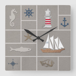 Nautical themed illustration square wall clock