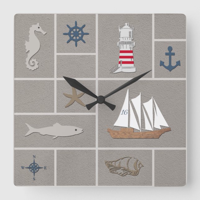 Nautical themed illustration square wall clock (Front)
