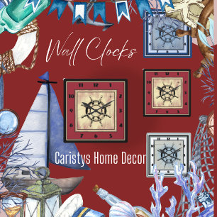 Nautical Themed Red Square Wall Clock