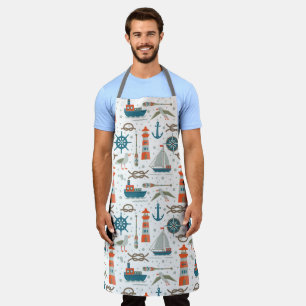 Nautical themed red teal grey white pattern apron