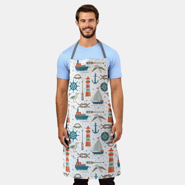 Nautical themed red teal grey white pattern apron (Worn)