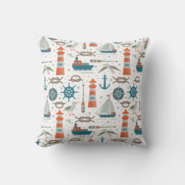 Nautical themed red teal grey white pattern cushion (Front)