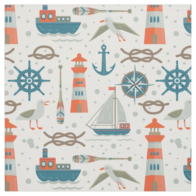 Nautical themed red teal grey white pattern fabric (Swatch)