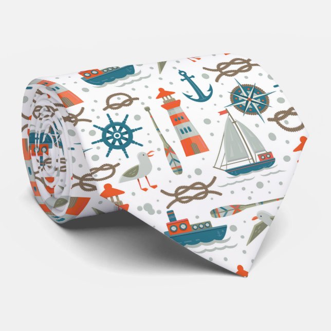 Nautical themed red teal grey white pattern  tie (Rolled)