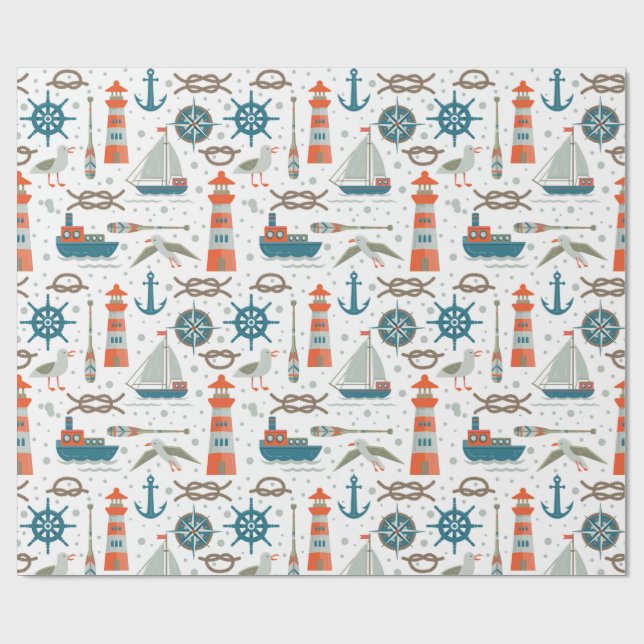 Nautical themed red teal grey white pattern wrapping paper (Flat)