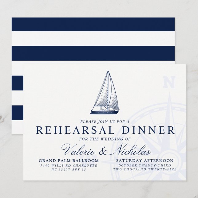Nautical Themed Sailboat Rehearsal Dinner Invitation (Front/Back)