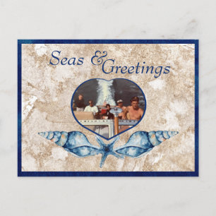 Nautical-themed Seas & Greetings Navy Tan Holiday Postcard