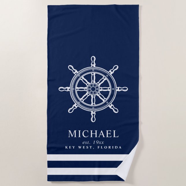 Nautical Themed Ship Wheel Beach Towel (Front)