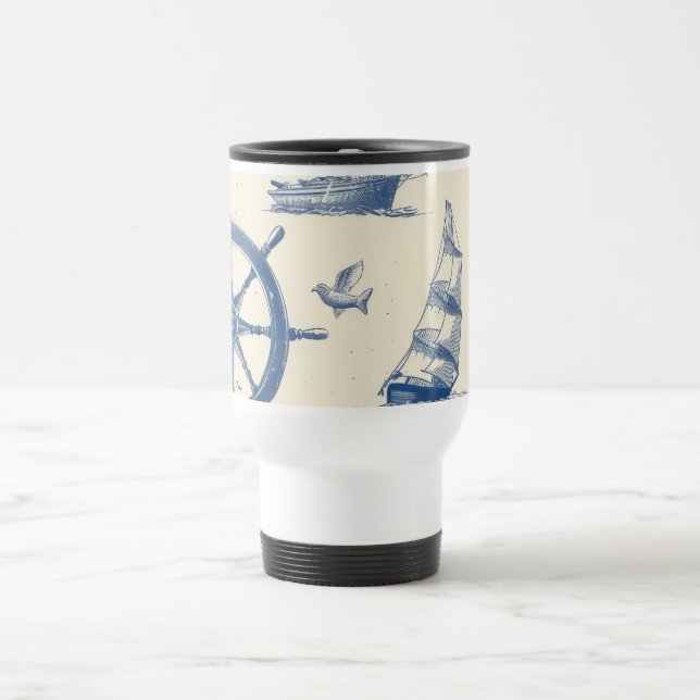  Nautical-Themed Stainless Steel Thermos with Mari Travel Mug (Center)
