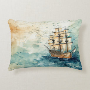 Nautical Themed Vintage Sailboat Old Map Decorative Cushion