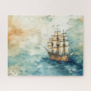 Nautical Themed Vintage Sailboat Old Map Jigsaw Puzzle
