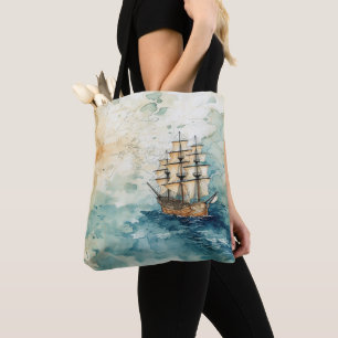 Nautical Themed Vintage Sailboat Old Map Tote Bag