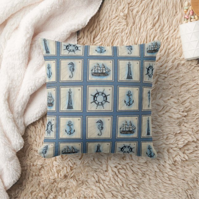 Nautical Tiles | Blue Lighthouse Anchor Ship Wheel Cushion (Blanket)