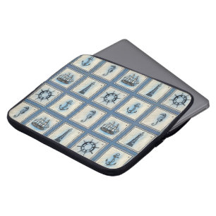 Nautical Tiles Blue Lighthouse Anchor Ship Wheel Laptop Sleeve