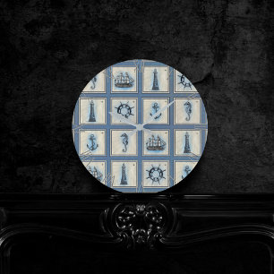 Nautical Tiles Blue Lighthouse Anchor Ship Wheel Round Clock