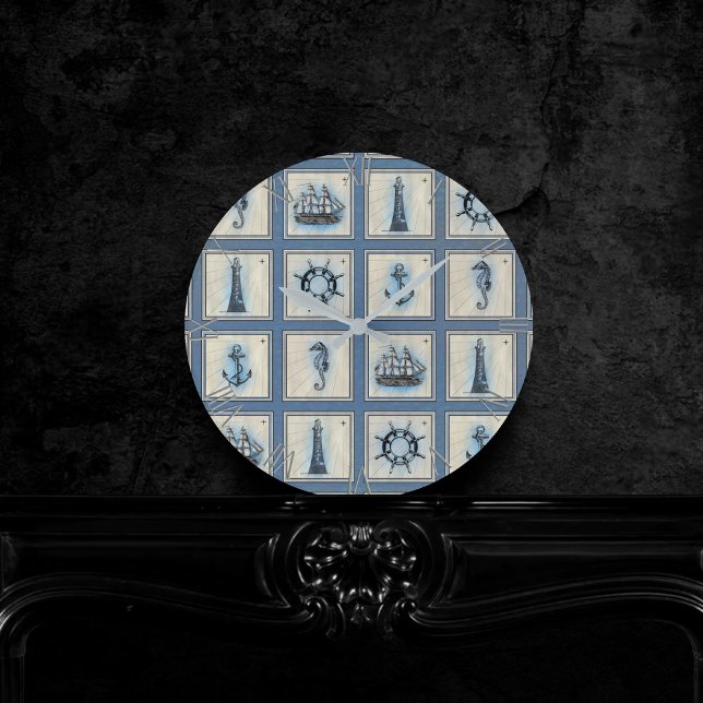 Nautical Tiles | Blue Lighthouse Anchor Ship Wheel Round Clock (Creator Uploaded)