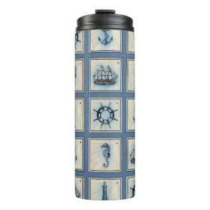 Nautical Tiles   Blue Lighthouse Anchor Ship Wheel Thermal Tumbler
