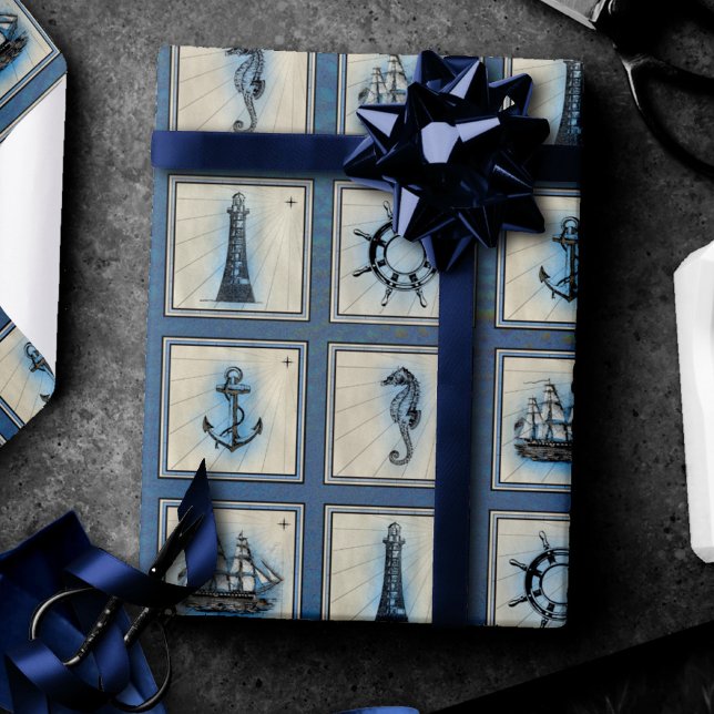 Nautical Tiles | Blue Lighthouse Anchor Ship Wheel Wrapping Paper (Creator Uploaded)