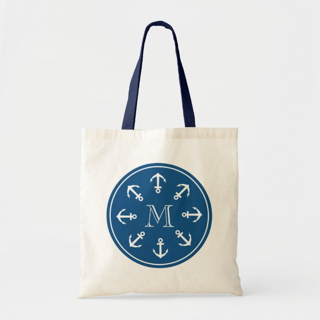 Nautical tote bag with round boat anchor monogram (Front)