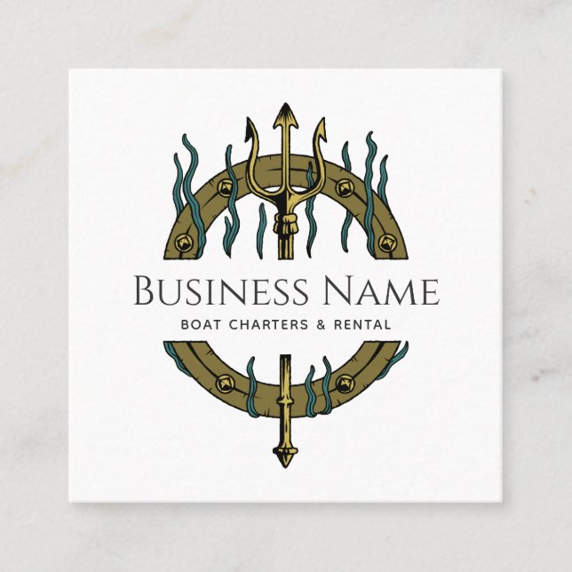 Nautical Trident Sea Ocean Theme Fishing Seaweed Square Business Card (Front)