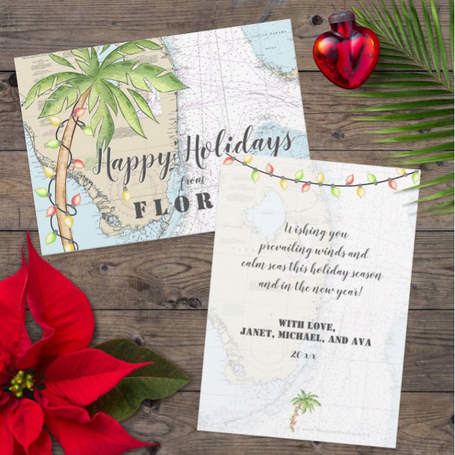 Nautical Tropical Happy Holidays From Florida Holiday Card (Cute Customized Tropical Florida Holiday Cards with Watercolor Design Elements)