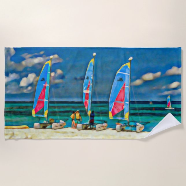 Nautical Tropical White Sand Beach Sailboats  Beach Towel (Front)