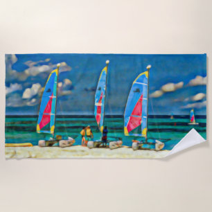 Nautical Tropical White Sand Beach Sailboats  Towel