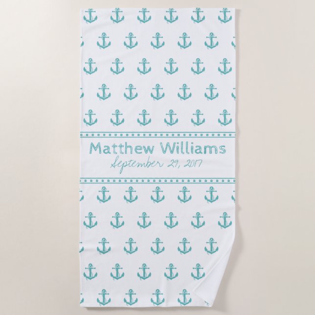 Nautical Turquoise Anchor Custom Beach Towel (Front)