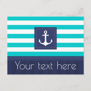 Nautical Turquoise Navy Blue Striped Anchor Custom Postcard