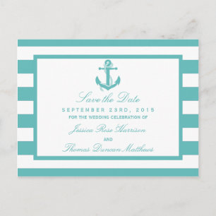 Nautical Turquoise Stripe Anchor Save The Date Announcement Postcard