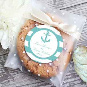 Nautical Turquoise Stripe Anchor Wedding Classic Round Sticker