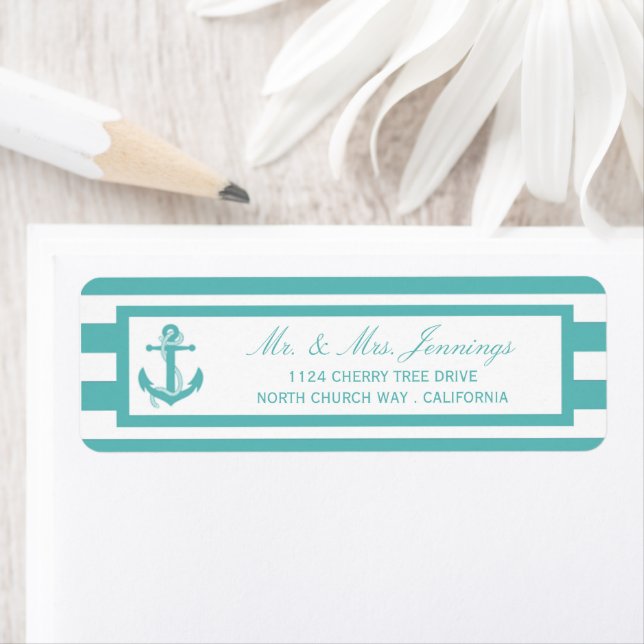Nautical Turquoise Stripe Anchor Wedding Labels (Insitu)