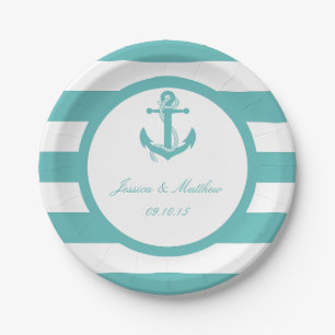 Nautical Turquoise Stripe Anchor Wedding Paper Plate