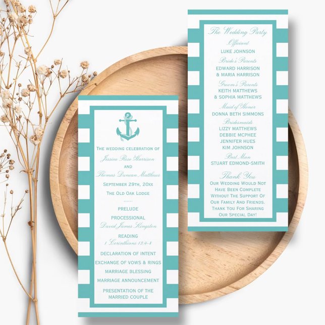 Nautical Turquoise Stripe Anchor Wedding Program Programme (Creator Uploaded)
