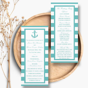 Nautical Turquoise Stripe Anchor Wedding Program Rack Card